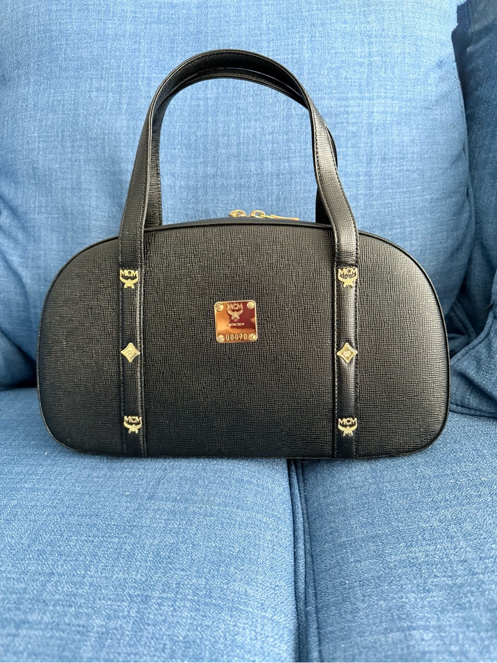 MCM Black Textured Leather Dome Satchel with Gold Accents
